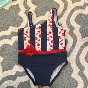 Janie and Jack Navy and Red Striped Floral Swimsuit